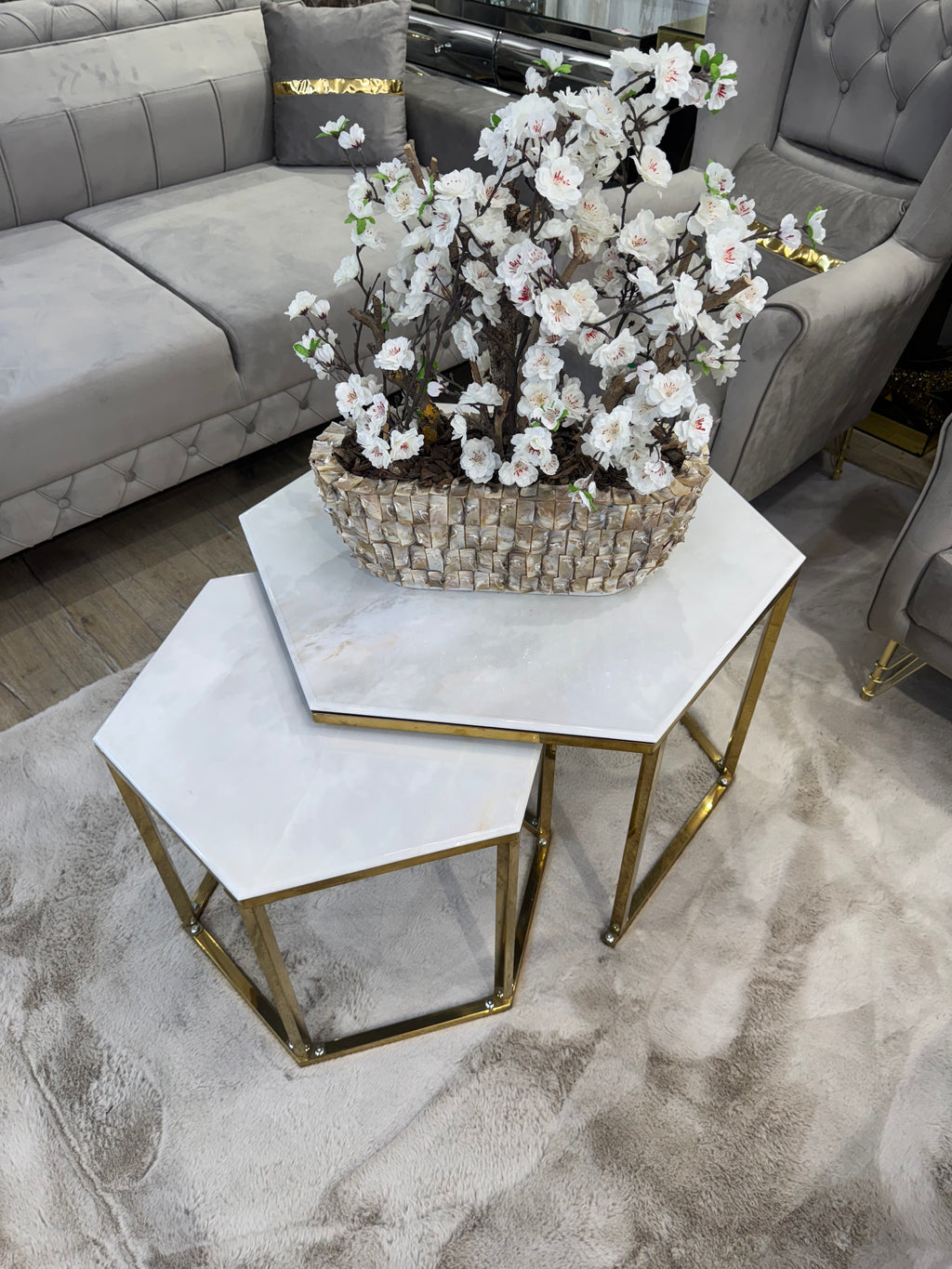 Salontafel Honingraat Marmer Look witte goud