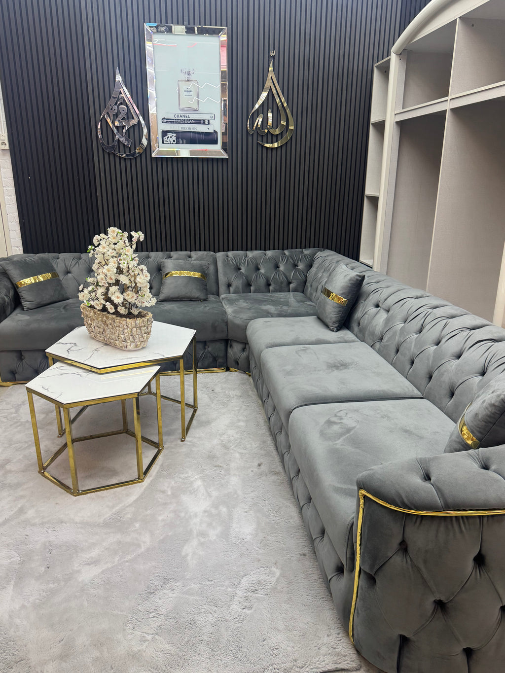 Hoekbank Balon 280x340x90cm baby face Licht Grijs - goud lijnenen