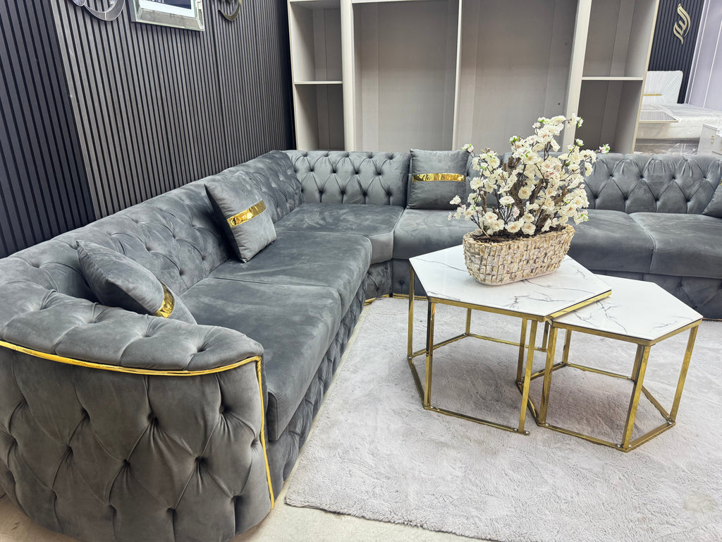 Hoekbank Balon 280x340x90cm baby face Licht Grijs - goud lijnenen