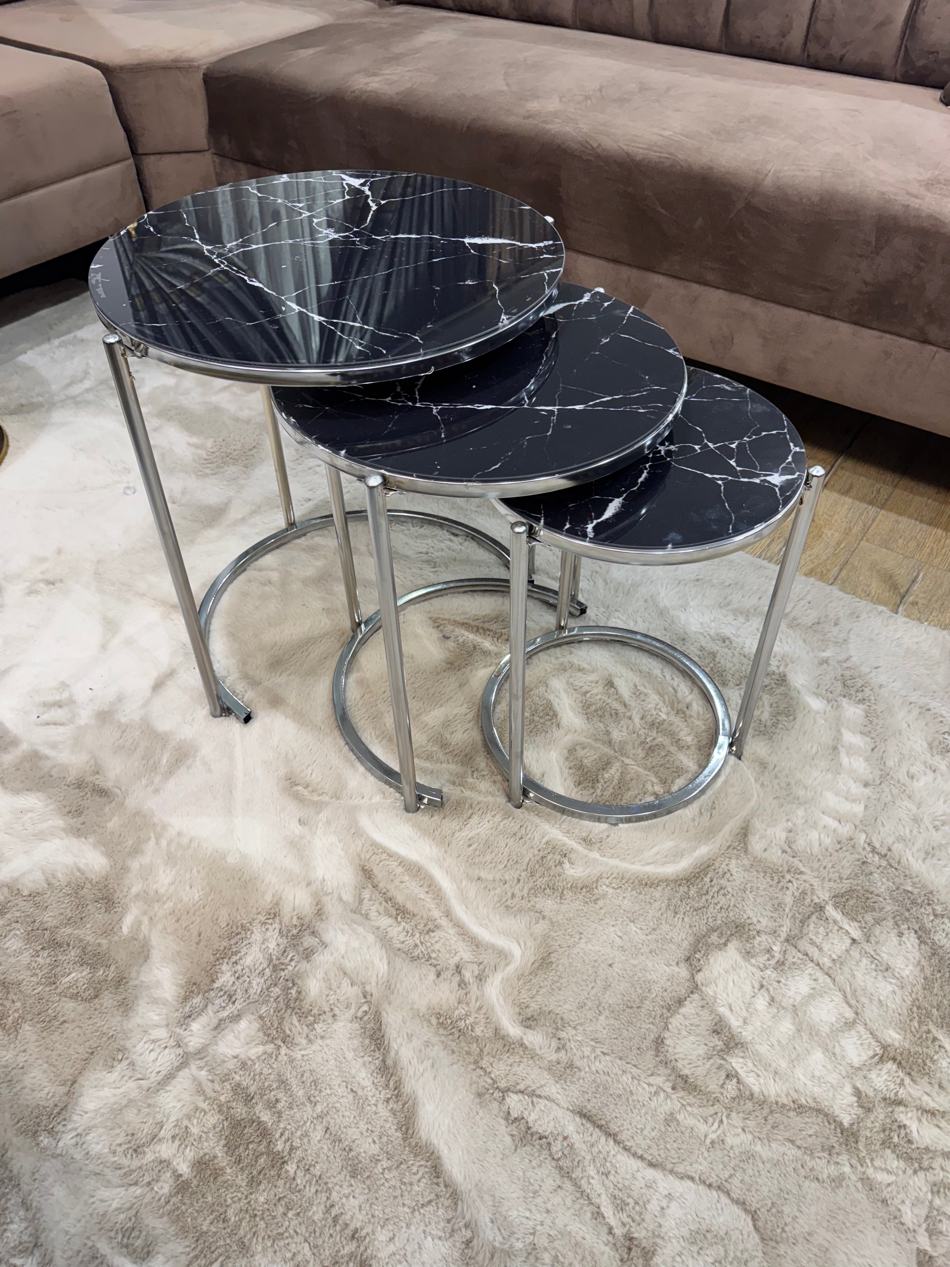 Bijzettafelset - Zwart zilver Glas marmer Look