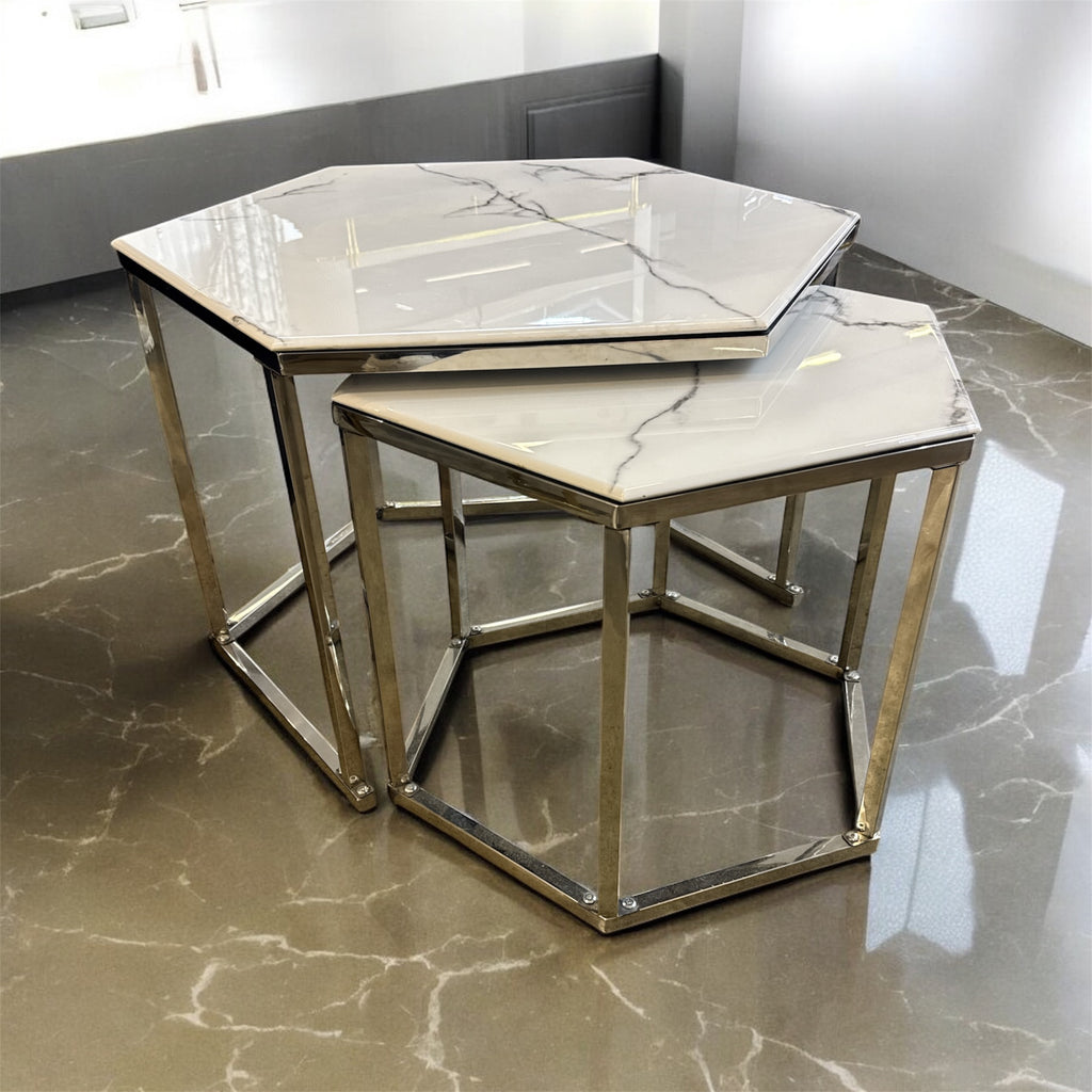 Salontafel  Honingraat Marmer Look witte Zilver.