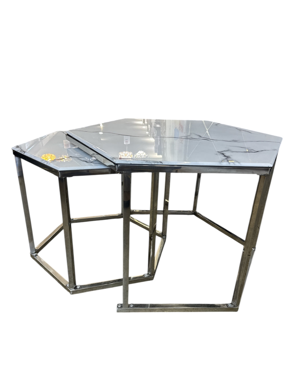 Salontafel  Honingraat Marmer Look witte Zilver.