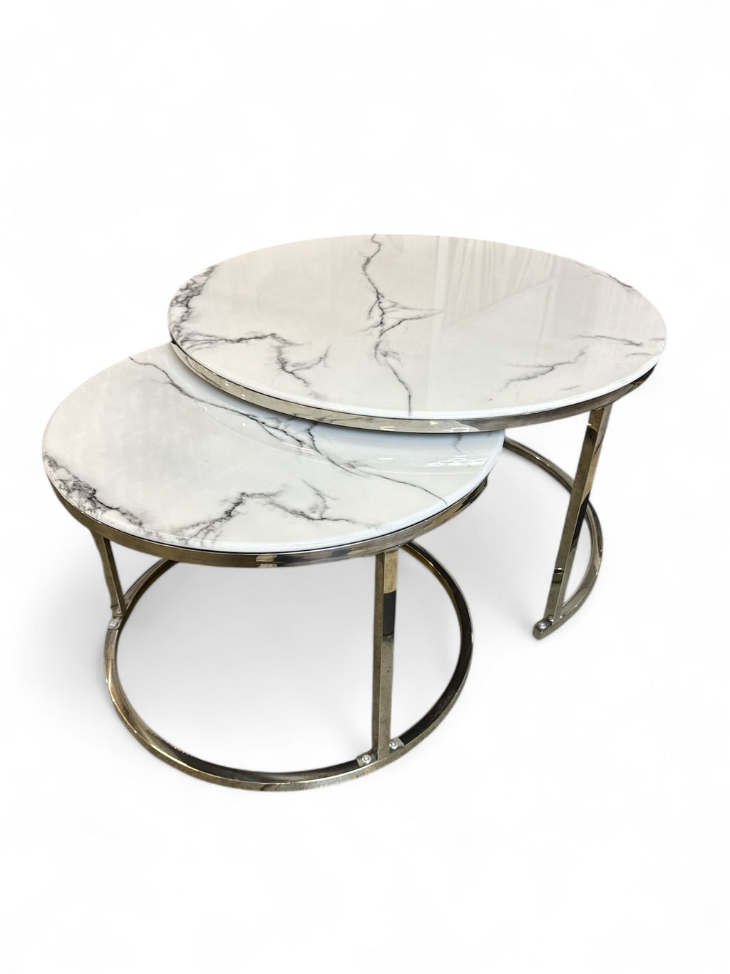 White Marmer Look Round Iron Stand Coffee Tables Set of 2 (Zilver)
