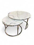 White Marmer Look Round Iron Stand Coffee Tables Set of 2 (Zilver)