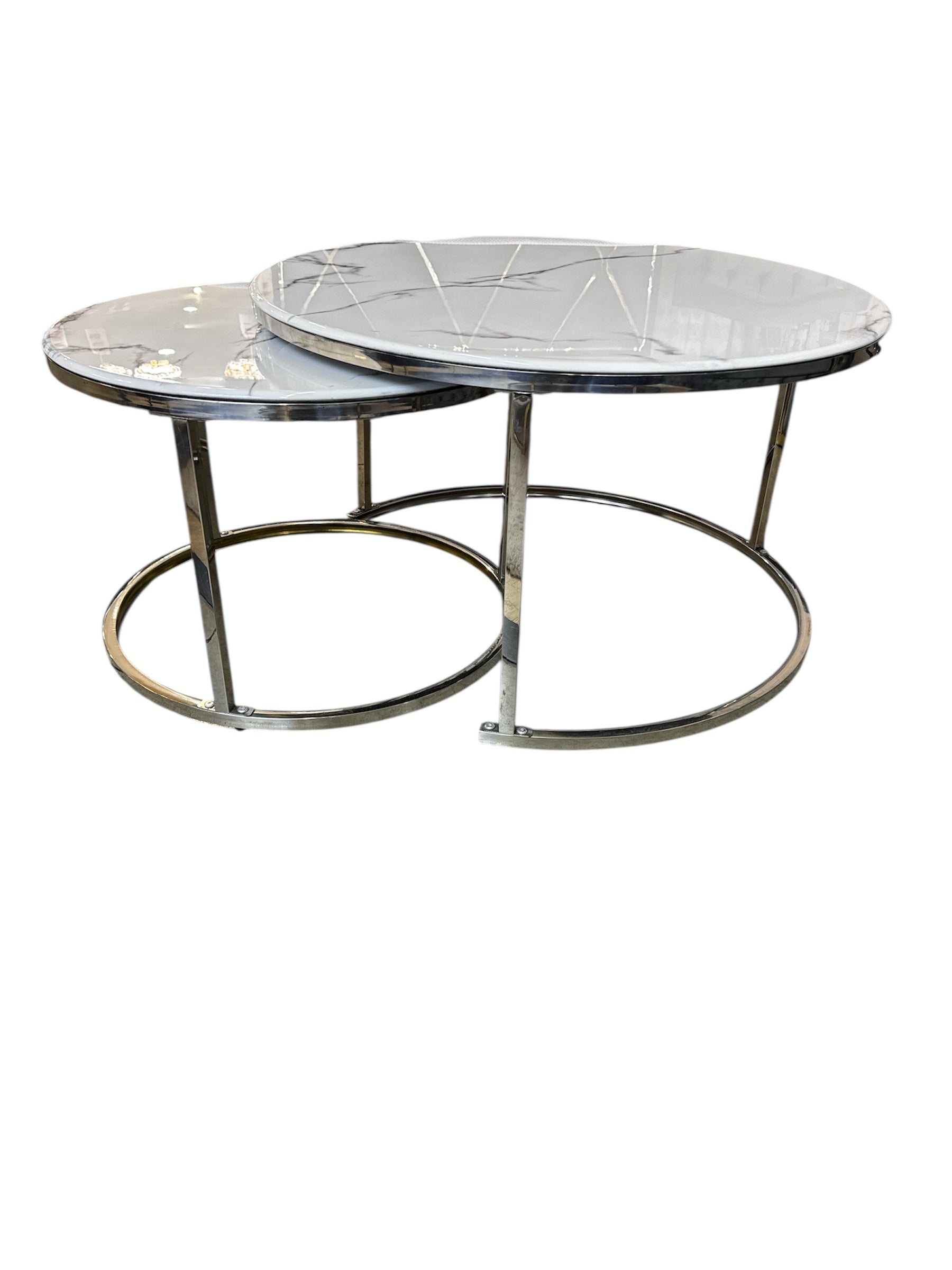 White Marmer Look Round Iron Stand Coffee Tables Set of 2 (Zilver)