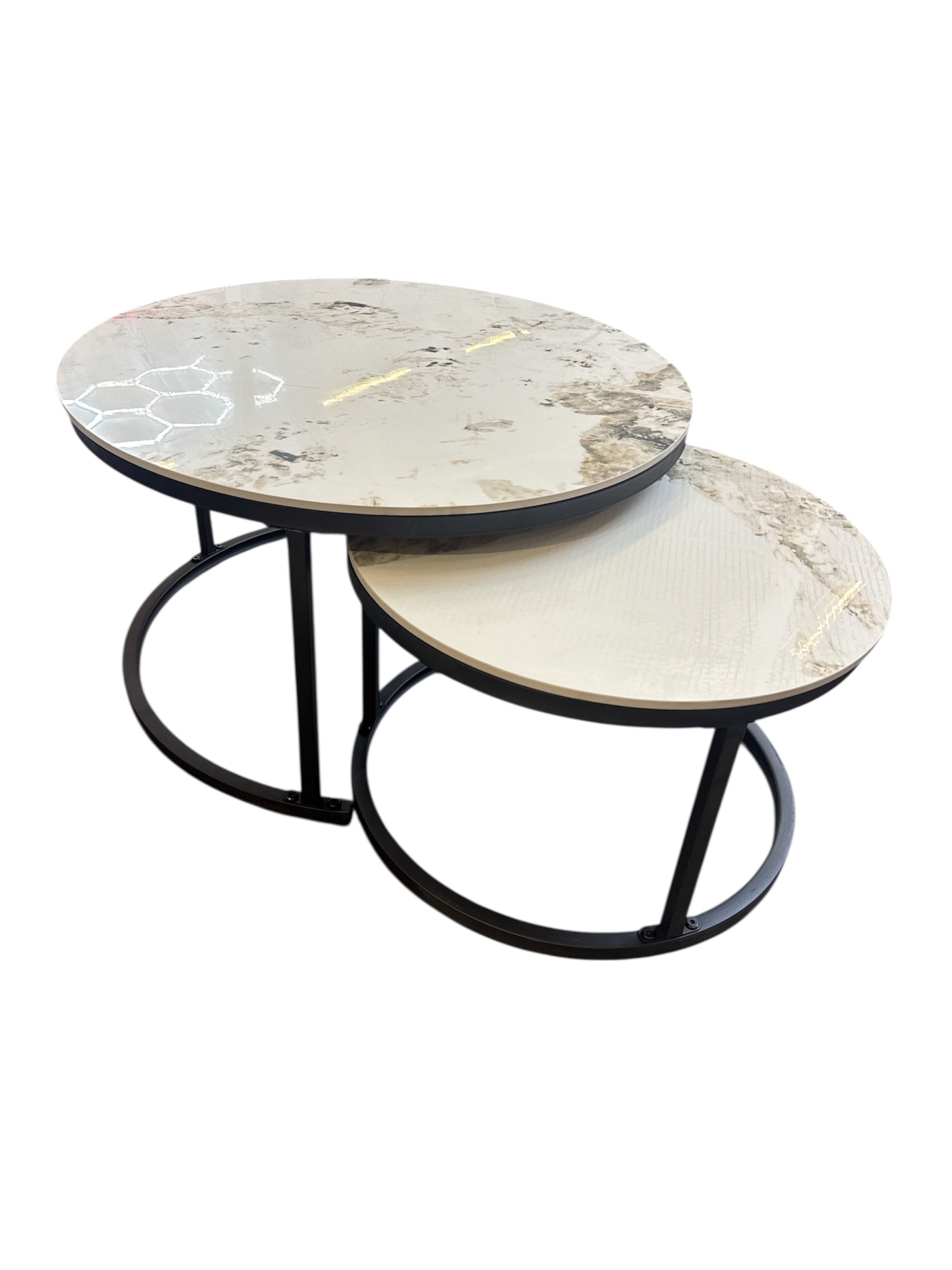 Salontafel White Marmer Look Round Iron Stand Coffee Tables Set of 2 (Black)