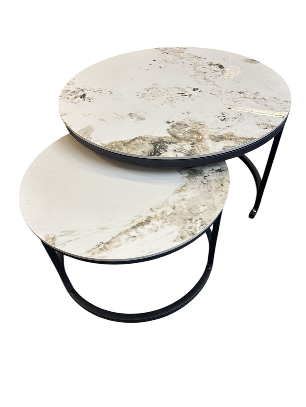 Salontafel White Marmer Look Round Iron Stand Coffee Tables Set of 2 (Black)
