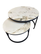 Salontafel White Marmer Look Round Iron Stand Coffee Tables Set of 2 (Black)