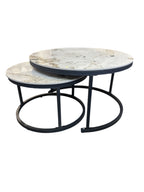 Salontafel White Marmer Look Round Iron Stand Coffee Tables Set of 2 (Black)