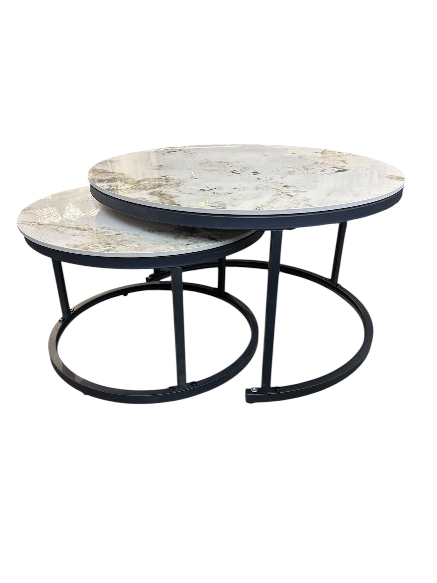Salontafel White Marmer Look Round Iron Stand Coffee Tables Set of 2 (Black)